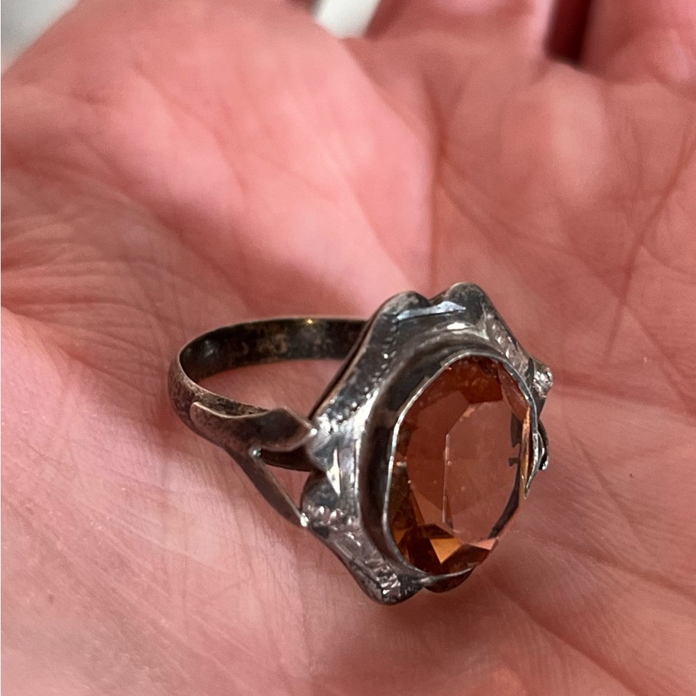 Antique Art Deco 1920’s Sterling Silver Amber Glass Victorian Signet Ring - Picture 12 of 17